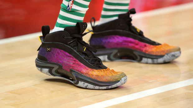 View of Jayson Tatum's shoes.